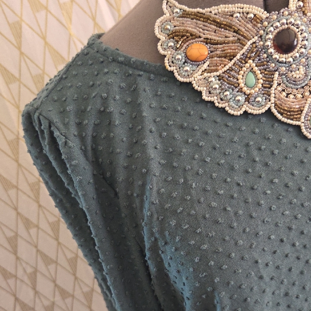 W5 Dark Green Textured Long Sleeve Top with Side Ties - Picture 3 of 4